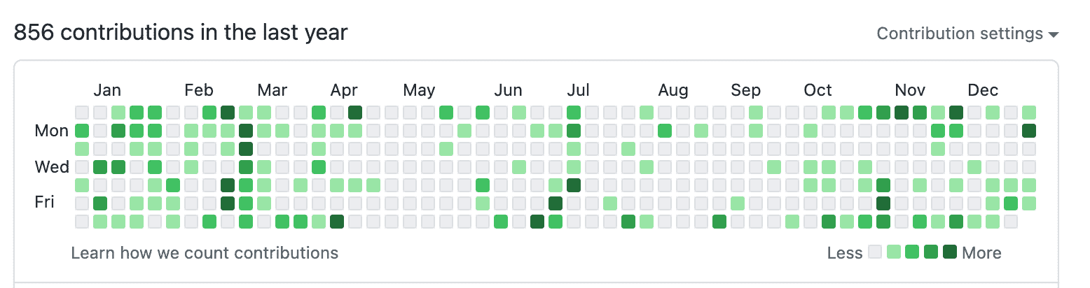 2022年のGitHub Contributionsの履歴画像 856Contributions